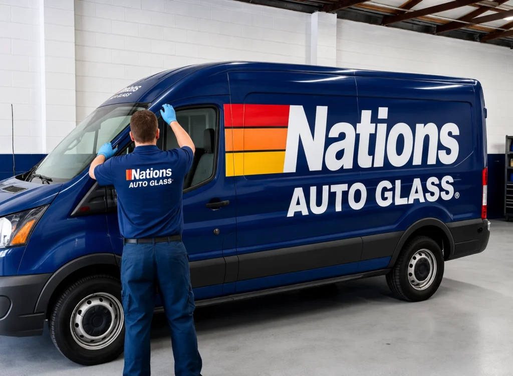 Nations Auto Glass mobile auto glass service technician and service van.
