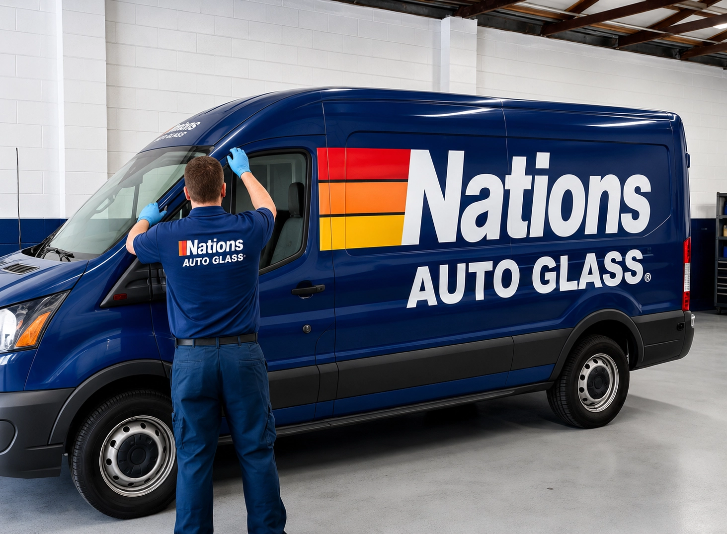 Nations Auto Glass mobile auto glass service technician and service van. Mobile auto glass service for windshield repair